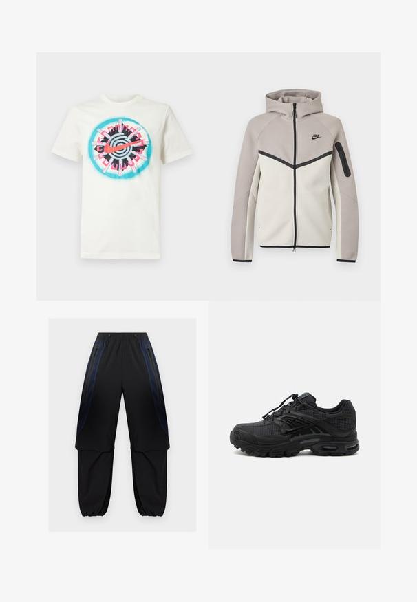 Kahes toonis beež ja helehall Nike lukuga dressipluus kapuutsiga, must lukustus, varrukatasku ja must Nike logo rinnal.; Valge puuvillane T-särk, millel on keskne värvikas graafika roosa, musta ja teali värviga, millel on ringikujuline disain ning Nike logo. Lühikesed varrukad.; Mustad ja tumesinised tööpüksid elastse vöökoha ja mansettidega, millel on lukuga küljetaskud ja reitel kihilised kangasdetailid.; Mustad sportlikud tossud tekstuurse kangaga, paksu polsterdatud tallaga, õhuavade ja paeltega kinnitusega, esitatud küljelt hele taust.