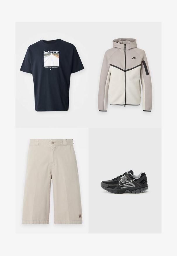 Sudadera con capucha Nike bicolor en beige y gris claro con cremallera, capucha, cremallera negra, bolsillo en la manga y logo Nike negro en el pecho.; Camiseta de algodón azul marino de manga corta, con un gráfico cuadrado de una carretera y un diseño en espiral, y el texto "No hay línea de meta" en blanco.; Pantalones cortos beige hasta la rodilla con cierre de botón y cremallera, presillas para cinturón y un pequeño parche con logo cerca del dobladillo inferior en la pierna derecha.; Zapatilla deportiva negra con paneles de malla y detalles sintéticos. Presenta una punta redondeada, suela gruesa acolchada y detalles de logo en blanco que contrastan.