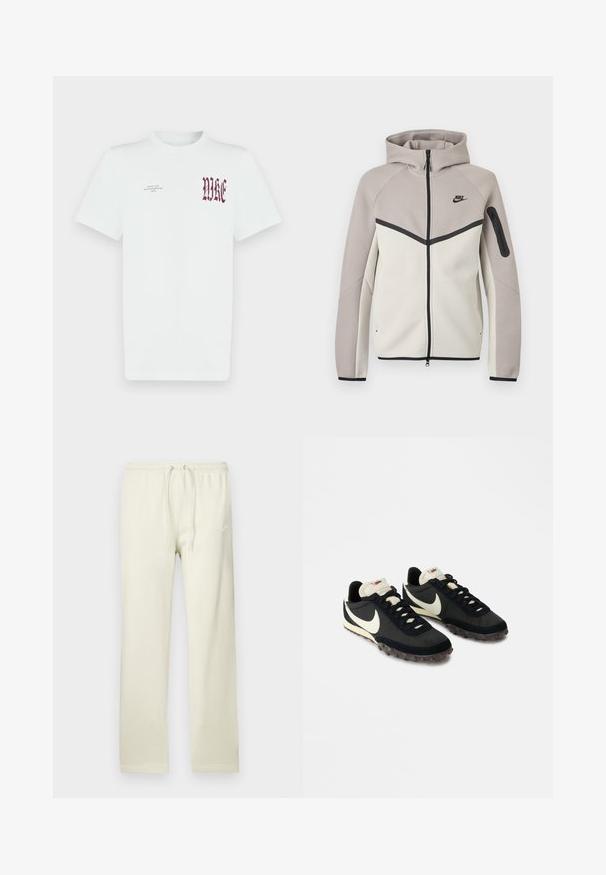 Two-tone beige and light gray Nike zip-up hoodie with hood, black zipper, sleeve pocket, and black Nike logo on chest.; White cotton t-shirt featuring red "NIKE" graphic and text on the left chest. Short sleeves and crew neck design, smooth texture.; Light beige sweatpants with a drawstring waist, made of soft material. Features a subtle Nike logo in white on the left thigh.; Black athletic shoes with a textured upper, white swoosh logo, and rubber outsole featuring small studs for traction. Cream-colored collar.