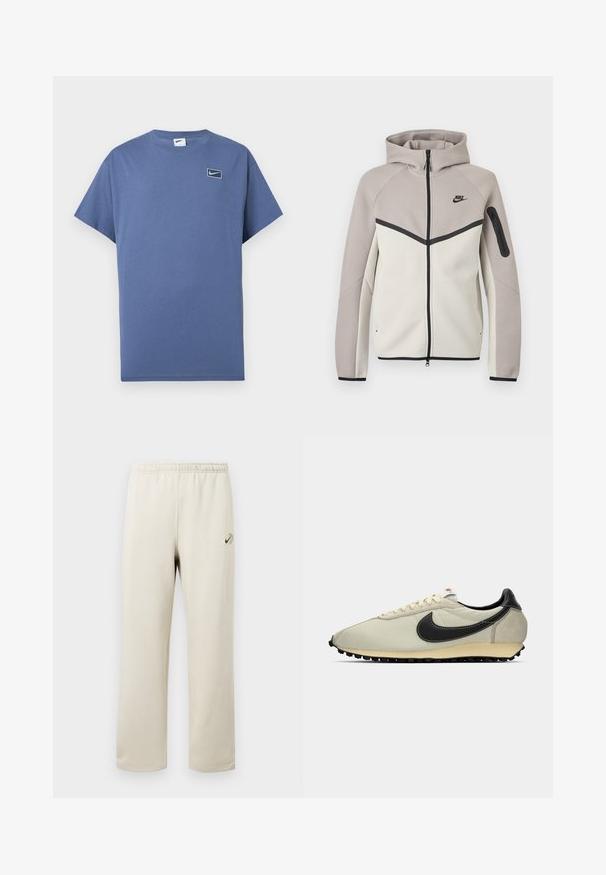Two-tone beige and light gray Nike zip-up hoodie with hood, black zipper, sleeve pocket, and black Nike logo on chest.; Blue short-sleeve crew neck T-shirt with small Nike swoosh logo inside a rounded square on the left chest.; Beige elastic-waist sweatpants with straight legs and small green and black Nike logo on the upper left thigh.; Beige canvas sneaker with black leather accents, rounded toe, flat black outsole, and white laces. Features a prominent black logo.