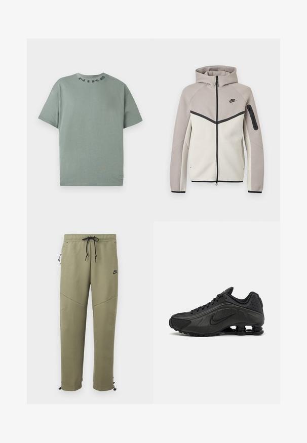 Dvojfarebná béžovo-sivá mikina Nike na zips s kapucňou, čiernym zipsom, vreckom na rukáve a čiernym logom Nike na hrudi.; Svetlozelené tričko Nike s krátkym rukávom a okrúhlym výstrihom, s čiernym nápisom "NIKE" blízko goliera, zobrazené na jednoduchom bielom pozadí.; Olivovo zelené teplákové nohavice Nike s čiernymi sťahovacími šnúrkami, bočným vreckom na zips, panelmi na kolenách a nastaviteľnými viazaniami na členkoch.; Čierne bežecké topánky s hladkým syntetickým zvrškom, perforovanými akcentmi, textúrovanými bočnými panelmi a výraznou pružnou podrážkou.
