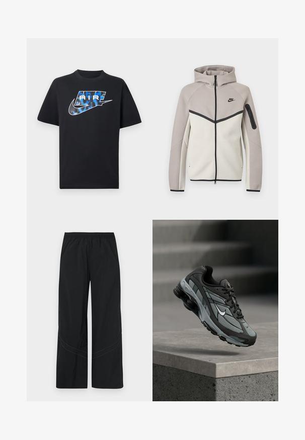 Dvoslojna bež in svetlo siva Nike jopa z zadrgo in kapuco, črna zadrga, žep na rokavu in črn logotip Nike na prsih.; Črna majica s kratkimi rokavi z modrim in belim stiliziranim napisom "AIR" ter logotipom Nike Swoosh na prsih.; Črne široke hlače iz lahkega blaga z elastičnim pasom in subtilnim ukrivljenim šivom na robu.; Siv in črn športni copat z mrežastimi paneli in debelim podplatom, nameščen v zraku nad betonsko ograjo in stopnicami v ozadju.