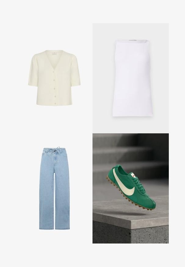 Kaffe KAMARINA - Vest - chalk cc; Witte mouwloze top van ribstof. Heeft een rechte snit en een brede ronde hals. Soepele textuur zonder zichtbare patronen of accenten.; Lichtblauwe wijdvallende jeans gemaakt van denim, met een drawstring taille en een standaard vijfzakken ontwerp. De stof heeft een soepel textuur.; Groene sportschoen met wit Swoosh-logo en rubberen zool die boven een betonnen richel zweeft met vage trappen op de achtergrond.