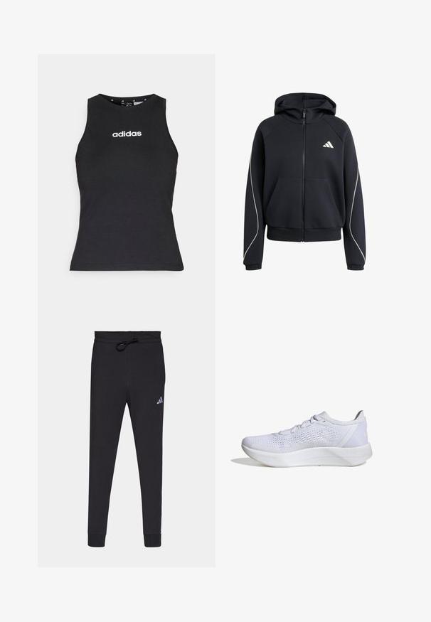 Sweat à capuche noir avec zip, poches avant, poignets élastiques, passepoil blanc sur les manches et petit logo blanc Adidas sur la poitrine.; Haut sans manches noir en coton, avec un col rond et le logo "adidas" blanc centré sur la poitrine. Texture lisse, coupe normale.; Pantalons de sport noirs en tissu doux, avec une taille à cordon, des jambes fuselées et un petit logo Adidas blanc sur la cuisse gauche.; Baskets blanches avec une tige en mesh respirant, un design à lacets, un col rembourré et une semelle en caoutchouc texturé pour l'adhérence.