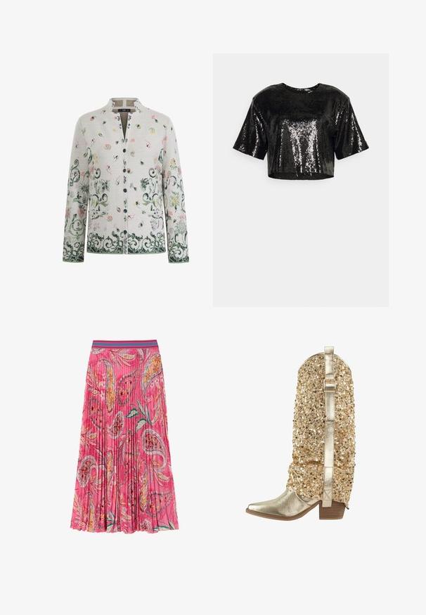 Lys grå kardigan med blomstermotiver i pink, grøn og gul. Knaplukning og to frontlommer, ribbede manchetter og kant.; Sort croppet top med korte ærmer, dækket af palietter, med rund halsudskæring og en skinnende, tekstureret overflade.; Lyserød plisseret nederdel med blomster- og paisleymønstre, med en kontrasterende turkise stribet talje. Lavet af letvægtsstof.; Guld glamour cowboy støvle med en skinnende metal-skaft, tekstureret glitrende overdel, firkantet tå og en blokhæl med en dekorerende rem.