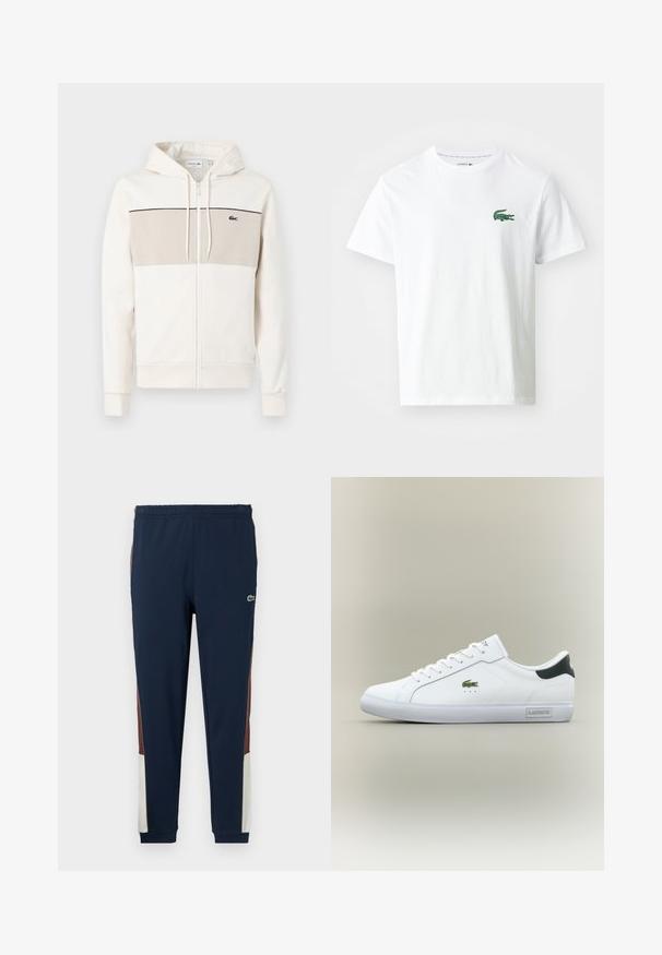 Cremfarbener Zip-Hoodie mit einem beigen Panel über der Brust, verstellbaren Kordeln, Kängurutaschen und einem dezenten Logo auf der linken Seite.; Lacoste T-Shirt print - white/green; Navy Jogginghose aus weichem Stoff, mit braunen und cremefarbenen Seitenpaneelen, elastischem Bund und kleinem Logo auf der Vorderseite.; Weiße Low-Top-Sneaker mit grünem Krokodil-Logo an der Seite, schwarzem Fersenpatch, weißen Schnürsenkeln und "Lacoste"-Label am Sohlenrand.