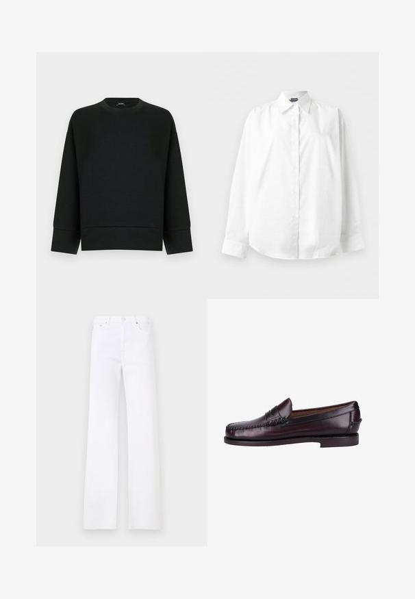 Sweat-shirt noir avec un col rond, des manches longues et des poignets côtelés. Confectionné dans un tissu texturé, comportant une étiquette de logo à l'intérieur.; Chemise blanche à manches longues avec col pointu, boutonnée, présentée à plat sur un fond blanc uni.; Jean en denim blanc à coupe droite, doté d'un design classique à cinq poches et d'une fermeture par bouton métallique. Texture lisse, sans motifs visibles.; Mocassin en cuir marron avec une finition lisse, des détails de couture sur le dessus, et un petit talon empilé. Design classique à enfiler avec un embout arrondi.