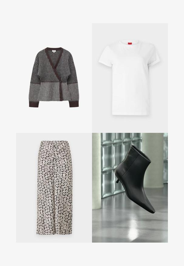 Cardigan duveteux rayé gris et marron avec col en V, manches longues et fermeture à un seul bouton à l'avant au centre.; T-shirt blanc à manches courtes en coton léger. Présente un col rond et des manches retroussées. Étiquette logo rouge sur le col.; Pantalons larges floraux avec un fond noir orné de marguerites blanches et d'accents rouges, fabriqués en tissu léger avec une texture lisse.; Bottine en cuir noir à bout pointu et petit talon kitten, présentée en angle devant un sol poli et un mur en blocs de verre.