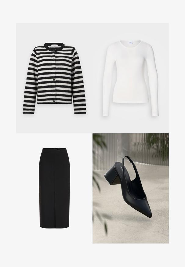 Schwarz-weißer, horizontal gestreifter, bugeloser Cardigan mit langen Ärmeln und rundem Ausschnitt, flach auf einem weißen Hintergrund ausgelegt.; Weißes Langarmhemd aus einem weichen, glatten Stoff; hat einen runden Ausschnitt und eine figurbetonte Passform, ohne Muster oder Verzierungen.; Schwarzer Midirock mit hoher Taille, Bleistiftschnitt, vorderem Schlitz und verdecktem Reißverschluss vor weißem Hintergrund.; Schwarze Leder-Slingback-Pumps mit spitzem Zehenbereich und Blockabsatz. Glatte Textur, minimalistisches Design und verstellbarer Knöchelriemen.