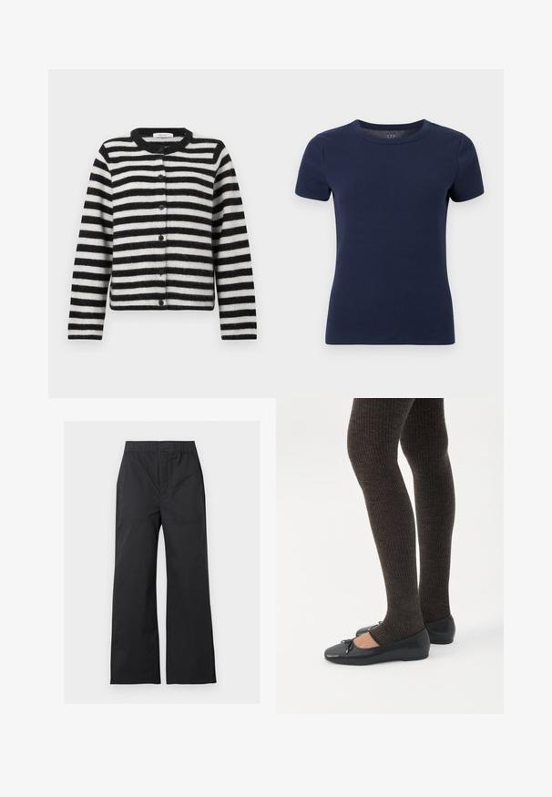 Cardigan rayé horizontal noir et blanc, à boutons, avec des manches longues et un col rond, posé à plat sur un fond blanc.; T-shirt à manches courtes en maille côtelée bleu marine avec encolure ronde et silhouette ajustée sur fond blanc.; Pantalon noir à jambes larges avec taille élastique et poches plaquées à l'avant, présenté sur un fond gris clair.; Jambes portant des leggings côtelés foncés associés à des ballerines noires avec de petits détails en nœud sur fond blanc.