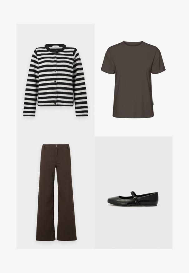 Cardigan rayé horizontal noir et blanc, à boutons, avec des manches longues et un col rond, posé à plat sur un fond blanc.; T-shirt uni marron foncé à manches courtes, col rond et coupe décontractée, présenté sur fond blanc.; Pantalons larges taille haute marron foncé avec fermeture à bouton et passants de ceinture, présentés sur un fond blanc uni.; Ballerines en cuir noir avec un bout arrondi, une semelle plate et une fine sangle ajustable sur le cou-de-pied avec une boucle en métal.