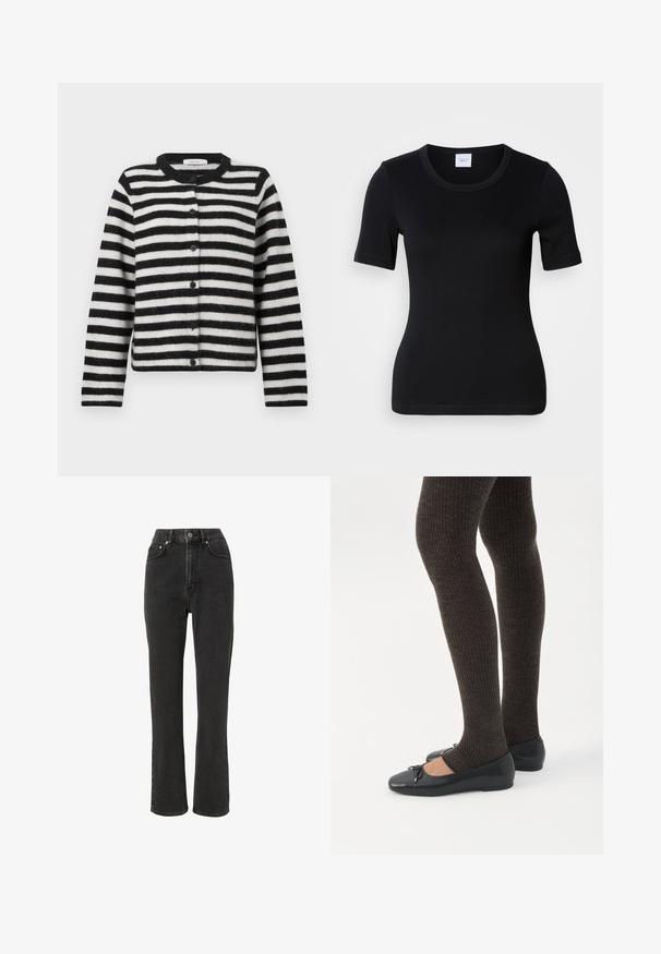 Zwart-wit horizontaal gestreepte knopen-up cardigan met lange mouwen en ronde halslijn plat gelegd op een witte achtergrond.; Zwart T-shirt met korte mouwen gemaakt van zacht katoen. Heeft een ronde halslijn en een slanke pasvorm met minimale stiksel details.; Hoge taille zwarte denim jeans met een rechte pijp, vijf-pocket ontwerp, metalen knoopsluiting en een subtiele vervaging.; Benen met donkere geribbelde leggings gecombineerd met zwarte ballerina's met kleine strikdetails op een witte achtergrond.
