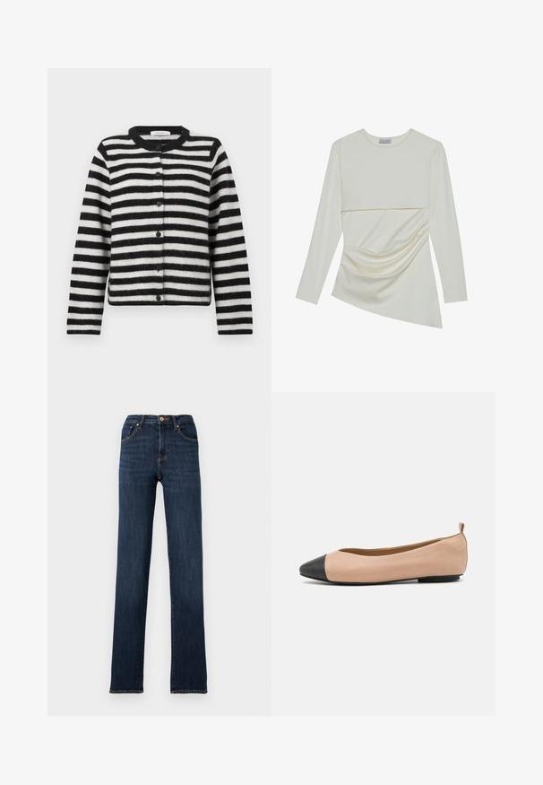 Cardigan rayé horizontal noir et blanc, à boutons, avec des manches longues et un col rond, posé à plat sur un fond blanc.; Haut crème à manches longues avec un col rond, présentant un design superposé et des détails plissés sur la partie inférieure. Tissu doux avec une texture lisse.; Jean en denim bleu foncé à coupe droite avec bouton et fermeture éclair à l'avant, poches avant et coutures visibles sur un fond uni.; Ballerine en cuir avec un corps nude et un bout noir. Présente un design minimal, une texture lisse et une petite boucle au dos pour un enfilage facile.
