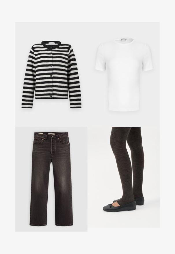 Cardigan rayé horizontal noir et blanc, à boutons, avec des manches longues et un col rond, posé à plat sur un fond blanc.; T-shirt blanc à manches courtes, côtelé, col rond avec une coupe ajustée et une petite étiquette de marque à l'intérieur du col.; Jeans en denim noir avec une coupe droite. Comprend des rivets en cuivre et des poches. Texture lisse et finition légèrement décolorée.; Jambes portant des leggings côtelés foncés associés à des ballerines noires avec de petits détails en nœud sur fond blanc.
