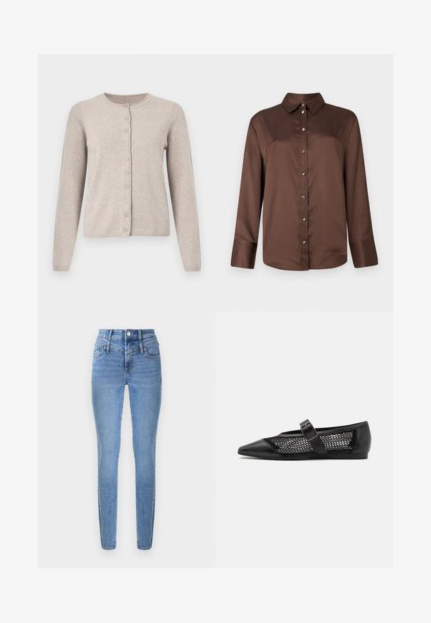 Cardigan beige en tissu tricoté doux, doté d'un col rond, de manches longues et d'une fermeture à boutons avec huit boutons assortis.; Chemise marron à manches longues avec des boutons, dotée d'un col classique, avec des boutons argentés et un tissu lisse et texturé.; Jean skinny en denim bleu clair avec une taille haute, deux poches avant et une braguette zippée. Présente une texture lisse et un léger effet délavé.; Chaussure plate noire avec un bout pointu, panneaux latéraux en maille et une sangle avec une boucle décorative. Fini lisse sur les sections du bout et du talon.