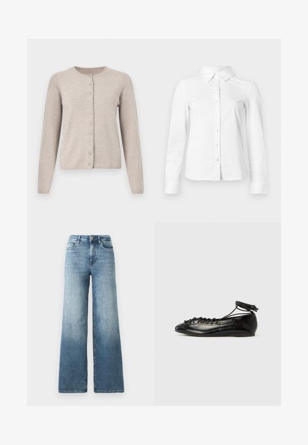 Beige cardigan lavet af blødt strikstof, med rund halsudskæring, lange ærmer og knaplukning foran med otte matchende knapper.; Hvid skjorte med lange ærmer, knapper, spids krave, lige kant og tætsiddende silhuet, vist på en ensartet lys baggrund.; Vide ben jeans i lys blå vask, med høj talje, fem-lomme design og subtil falmen på stoffet. Klassisk metalknap lukning.; Sorte balletflade sko i laklæder med rundet tå, snørelukning og flad sål. Glat tekstur med få detaljer.