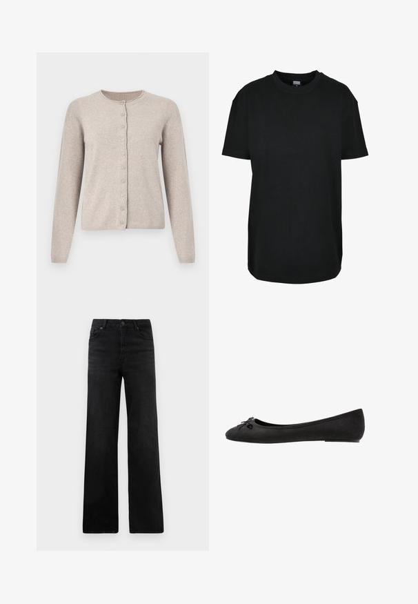 Beige cardigan lavet af blødt strikstof, med rund halsudskæring, lange ærmer og knaplukning foran med otte matchende knapper.; Sort kortærmet T-shirt med rund hals i størrelse XS med "Urban Classics" mærke inde i kraven.; Sorte denim bukser med vid ben og en klassisk fem-lomme-design, der inkluderer en knaplukning og subtil tekstur. Rene linjer og minimal pynt.; Sorte ruskind ballet flats med rund tå, prydet med en dekorativ sløjfe på forsiden og flad sål. Glat tekstur og klassisk form.