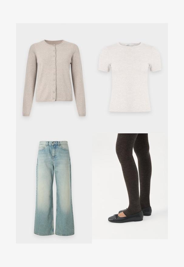 Beige cardigan lavet af blødt strikstof, med rund halsudskæring, lange ærmer og knaplukning foran med otte matchende knapper.; Lysegrå kortærmet t-shirt lavet af ribstrikket stof med rund halsudskæring. Simpelt design, glat tekstur, uden synlige mønstre eller accenter.; Lyseblå vide jeans lavet af denim, med en afdæmpet vask, klassisk fem-lomme design og en frontknaplukning.; Ben iført mørke ribbede leggings kombineret med sorte balletsko med små sløjfedetaljer på hvid baggrund.