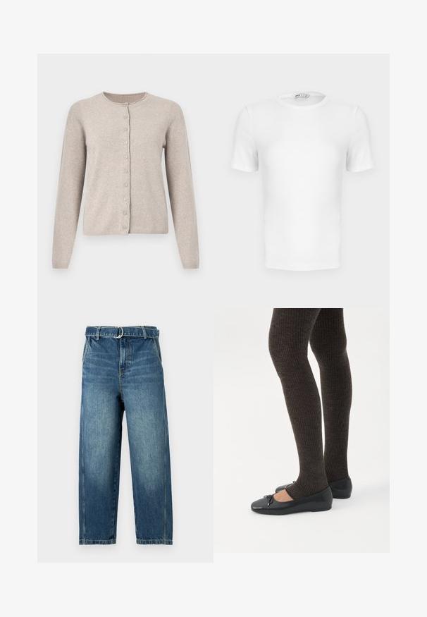 Cardigan beige en tissu tricoté doux, doté d'un col rond, de manches longues et d'une fermeture à boutons avec huit boutons assortis.; T-shirt blanc à manches courtes, côtelé, col rond avec une coupe ajustée et une petite étiquette de marque à l'intérieur du col.; Jean en denim bleu avec une taille haute, des jambes larges et une ceinture avec un anneau en métal. Présente des décolorations et des effets d'usure subtils sur le tissu.; Jambes portant des leggings côtelés foncés associés à des ballerines noires avec de petits détails en nœud sur fond blanc.