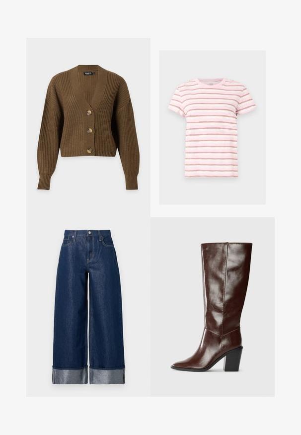 Brun chunky strikket cardigan med lange ærmer, tre store knapper og en V-hals krave, vist på en ensfarvet lys baggrund.; Lyserød og hvid T-shirt med korte ærmer og tynde horisontale brune striber, rund hals og afslappet pasform.; Vidbenede mørkeblå denimjeans med høj talje, fem-lomme design og opsmøgede kanter, der viser et lysere indre stof.; Høj, mørkebrun læderstøvle med spids tå og stablet blokhæl, vist fra siden på en ensfarvet baggrund.