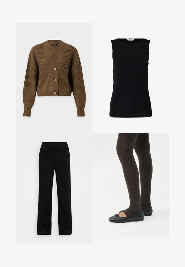 Cardigan marron en grosse maille avec manches longues, trois gros boutons et col en V, présenté sur un fond clair uni.; Haut noir sans manches, cintré, avec encolure ronde et étiquette de marque blanche à l'intérieur du col.; Pantalons larges en lin noir avec une taille élastique et un cordon de serrage. Texture lisse, tissu respirant et design à longueur complète.; Jambes portant des leggings côtelés foncés associés à des ballerines noires avec de petits détails en nœud sur fond blanc.