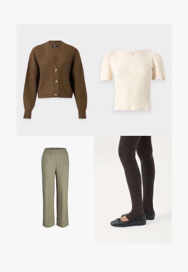 Brun chunky strikket cardigan med lange ærmer, tre store knapper og en V-hals krave, vist på en ensfarvet lys baggrund.; Kortærmet, ribbet top i en lys beige farve. Blød tekstur med en tætsiddende pasform og let puffede ærmer samt rund halsudskæring.; Lys olivengrønne, løstsiddende bukser med elastisk talje, designet i et glat, let materiale, med lige ben.; Ben iført mørke ribbede leggings kombineret med sorte balletsko med små sløjfedetaljer på hvid baggrund.