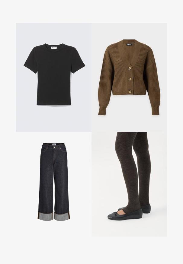 Cardigan marron en grosse maille avec manches longues, trois gros boutons et col en V, présenté sur un fond clair uni.; T-shirt noir à manches courtes col rond posé à plat avec une petite étiquette blanche à l'intérieur du col sur un fond clair.; Jean large bleu foncé avec ourlets retroussés, cinq poches et surpiqûres contrastantes jaunes.; Jambes portant des leggings côtelés foncés associés à des ballerines noires avec de petits détails en nœud sur fond blanc.