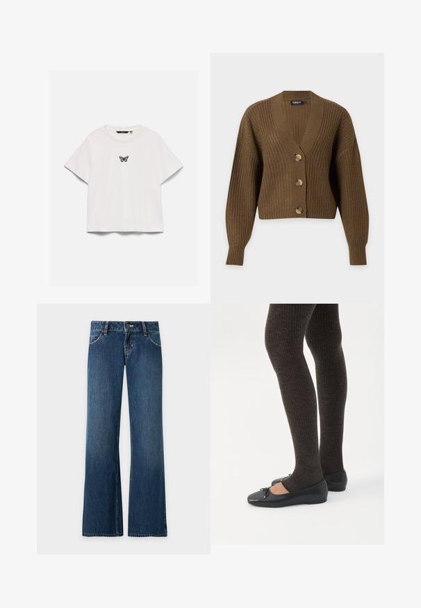 Cardigan marron en grosse maille avec manches longues, trois gros boutons et col en V, présenté sur un fond clair uni.; T-shirt blanc à manches courtes avec col rond et petit motif papillon violet et noir centré sur la poitrine.; Jean denim bleu coupe droite avec poches avant, passants de ceinture, fermeture par bouton et coutures visibles sur un fond clair uni.; Jambes portant des leggings côtelés foncés associés à des ballerines noires avec de petits détails en nœud sur fond blanc.