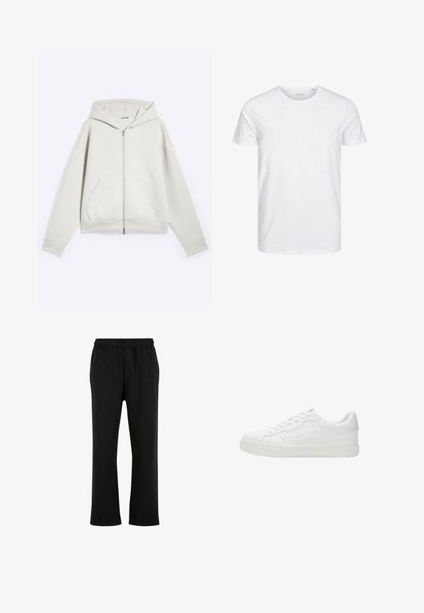 Hellbeiges Kapuzen-Sweatshirt mit Reißverschluss, langen Ärmeln und Fronttaschen, flach auf weißem Hintergrund dargestellt.; Rundhals-T-Shirt mit kurzen Ärmeln in reinem Weiß, aus weicher Baumwolle, mit einem schlichten Design ohne sichtbare Muster oder Akzente.; Urban Classics Jogginghose - black; Weißer Ledersneaker mit glatter Oberfläche, runder Spitze und perforierten seitlichen Akzenten. Ausgestattet mit flachen Schnürsenkeln und einer strapazierfähigen Gummisohle.