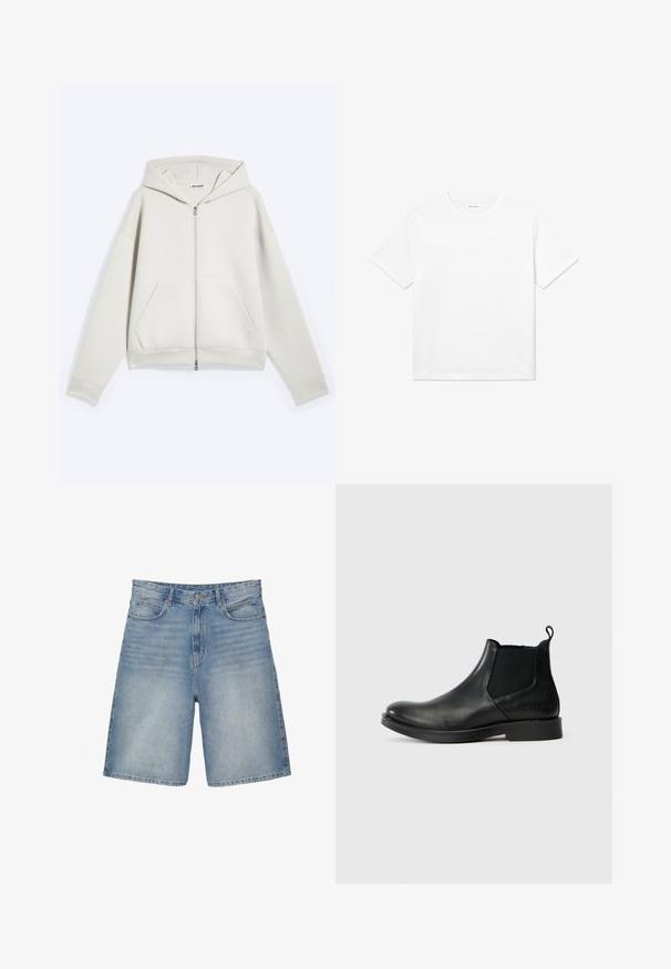 Hellbeiges Kapuzen-Sweatshirt mit Reißverschluss, langen Ärmeln und Fronttaschen, flach auf weißem Hintergrund dargestellt.; Weißes Baumwoll-T-Shirt mit kurzen Ärmeln, rundem Halsausschnitt und geradem Saum. Glatte Textur ohne sichtbare Muster oder Akzente.; Hellblaue Denim-Shorts mit geradem Schnitt verfügen über fünf Taschen, einen Reißverschluss und eine leicht ausgewaschene Textur.; Schwarze Leder-Ankle-Boots mit elastischen Seiteneinsätzen, abgerundeter Zehenpartie, minimalistischer Gestaltung, Zuglasche und geprägtem Markenlogo auf der Rückseite.