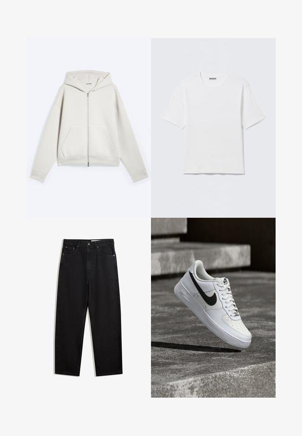 Lysebeige hættetrøje med lynlås, lange ærmer og forlommer, vist fladt mod en hvid baggrund.; Hvid, kortærmet t-shirt med rund hals og et lille "WEEKDAY"-mærke på indersiden af bagkraven, vist på en flad overflade.; Sorte denimbukser i bred benlængde. Har fem lommer, metalknaplukning og kontraststing. Glat tekstur, minimalistisk design.; Hvid Nike Air Force 1-sneaker med sort swoosh, snørebånd bundet, placeret i luften over tekstureret betonoverflade udendørs.