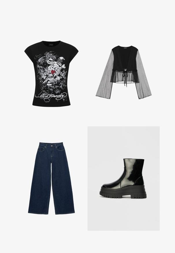 Zwarte cropped blouse met doorschijnende mouwen van polkadots en een striksluiting in de taille. Dit ontwerp heeft een V-hals en klokmouwen.; Ed Hardy WOMENS DEATH OR GLORY LOVE CAP SLEEVE - T-shirt print - black; Donkerblauwe wijde denim jeans met steekzakken aan de voorkant, riemlussen en een knoopsluiting in de tailleband, plat weergegeven op een witte achtergrond.; Zwarte glanzende enkelboot met dikke profielzool en ronde neus, zijaanzicht op een effen lichtgrijze achtergrond.