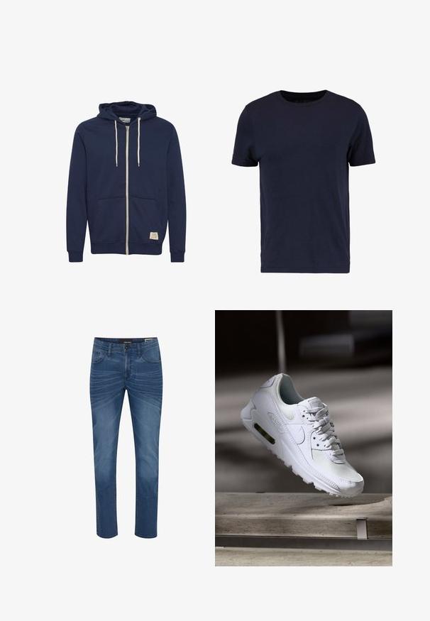 Tmavomodrá mikina na zips s bielymi šnúrkami, prednými vreckami, rebrovanými manžetami a malou béžovou značkovou nálepkou na dolnom prednom okraji.; Pier One by Zalando Základné tričko - dark blue; Džínsy v stredne modrej farbe so strihom rovného strihu. Rysy zahŕňajú klasický dizajn s piatimi vreckami a jemné vzory vyblednutia na tkanine.; Biele tenisky Nike Air Max 90 s vrchnou časťou z kože a sieťoviny, perforovanou špičkou a viditeľnou vzduchovou jednotkou v päte.