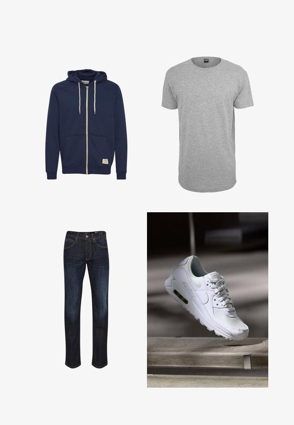Marineblaue Kapuzenjacke mit Reißverschluss, weißen Kordeln, Fronttaschen, gerippten Bündchen und einem kleinen beigen Markenetikett am unteren vorderen Saum.; Graues Baumwoll-T-Shirt mit Rundhalsausschnitt, kurzen Ärmeln, geradem Saum und einer weichen Textur; minimales Branding ist am Ausschnitt sichtbar.; Dunkelblaue Denim-Jeans mit geradem Bein, fünf Taschen, goldenen Nähten und einer glatten Textur. Knopfverschluss an der Taille.; Weiße Nike Air Max 90 Sneaker mit einem Obermaterial aus Mesh und Leder, durchlässigem Zehenbereich und einer sichtbaren Air-Einheit in der Ferse.