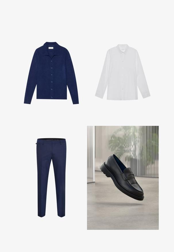 Námornícky modrá button-up cardigan, vyrobená z textúrovanej tkaniny, s límcom a dlhými rukávmi, so šiestimi zladenými gombíkmi.; Biela košeľa s dlhým rukávom vyrobená z hladkej tkaniny, s špicatým golierom, predným zapínaním na gombíky a manžetami na jeden gombík.; Námornícky modré nohavice na mieru vyrobené z hladkej tkaniny, so štíhlym strihom a plochým predným dizajnom bez viditeľných vreciek alebo ozdôb.; Čierne kožené mokasíny s hladkým povrchom, ozdobeným remienkom a textúrovaným panelom vpredu, a textúrovanou gumovou podrážkou.