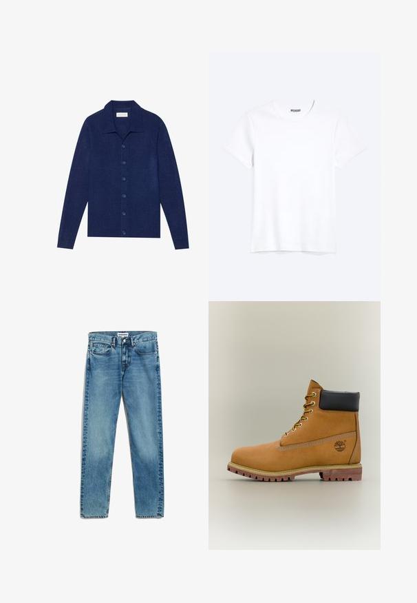 Marineblauer Knopf-Cardigan aus strukturiertem Stoff, mit Kragen und langen Ärmeln, ausgestattet mit sechs passenden Knöpfen.; Schlichtes weißes T-Shirt mit kurzen Ärmeln und Rundhalsausschnitt mit gut sichtbarem WEEKDAY-Label am Kragen, dargestellt auf hellem Hintergrund.; Helle blaue Denim-Jeans mit geradem Schnitt, fünf Taschen, Reißverschluss und dezentem Ausbleichen des Stoffes. Metallknopfverschluss.; Brauner Leder-Stiefelette mit schwarzem Kragen, gelben Schnürsenkeln und hellbrauner Sohle. Verfügt über ein Logo und weiße Ziernähe. Robuste Profilsohle.