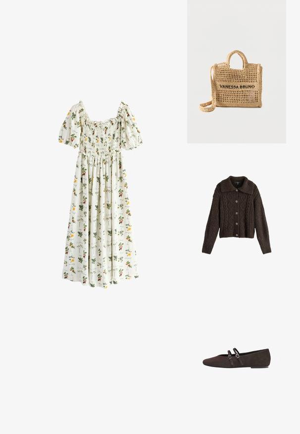 Cardigan tricoté marron avec un motif texturé à design en diamant, un col et des fermetures à boutons argentés.; Robe midi blanche à manches bouffantes, corsage froncé et imprimé floral avec des fleurs jaunes et rouges ainsi que des feuilles vertes.; Chaussure plate en daim marron avec un bout pointu. Présente deux fines sangles avec des boucles en argent pour une touche de design. Talon bas et stable.; Sac à main beige tissé avec deux poignées, une longue bandoulière, un design en tissage ouvert, et "VANESSA BRUNO" brodé en noir à l'avant.