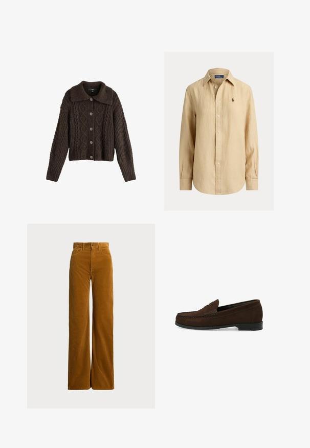 Brun strikket cardigan med et struktureret mønster og diamantdesign, kravehalsudskæring og sølvfarvede knaplukninger.; Beige langærmet skjorte med knapper og krave, lille broderet logo på venstre bryst og synlige knapper ned foran.; Polo Ralph Lauren COTTON CORDUROY WIDE-LEG PANT - Bukser - tan; Brune ruskinds loafers med en syet mokkasintå, flad sort gummisål og en dekorativ toprem og detalje.