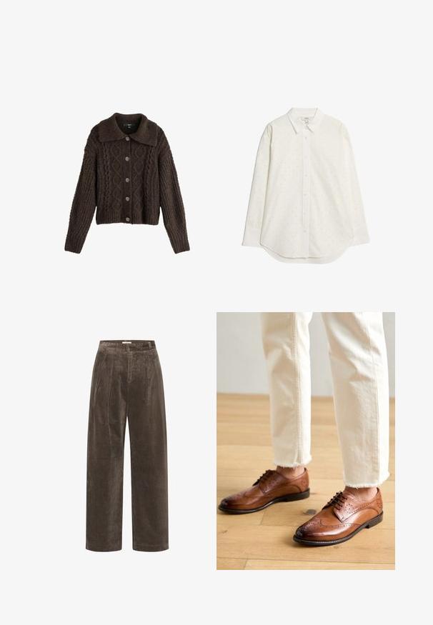 Brun strikket cardigan med et struktureret mønster og diamantdesign, kravehalsudskæring og sølvfarvede knaplukninger.; Hvid langærmet skjorte med knapper, små sorte prikker, spidse krave og buet kant.; Brune corduroy brede benbukser med folder, der har en blød tekstur og en mellemhøj talje. Kantafslutningerne er rene og lige.; Brune læder brogue sko med perforerede detaljer, rund tå og en glat overflade, parret med cremede bukser med frynset kant.