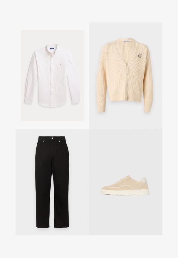Beige-ribbineulottu neuletakki, jossa pitkät hihat, V-kaula-aukko, nappikiinnitys ja pieni ketunpään kirjailu vasemmassa rinnassa.; Valkoinen nappikauluspaita vaaleilla raidoilla, pitkät hihat, kärkipäinen kaulus ja rinnan kohdalla brodeerattu logo. Puuvillamateriaalia, sileä pinta.; Mustat farkut suoran lahkeen mallilla, joissa on korkea vyötärö, etutaskut ja hopeiset yksityiskohdat vyötärönauhassa.; Beige vaahto lenkkarit valkoisella pohjalla ja nauhoilla, matala malli ja syheröinen pohjakuvio.