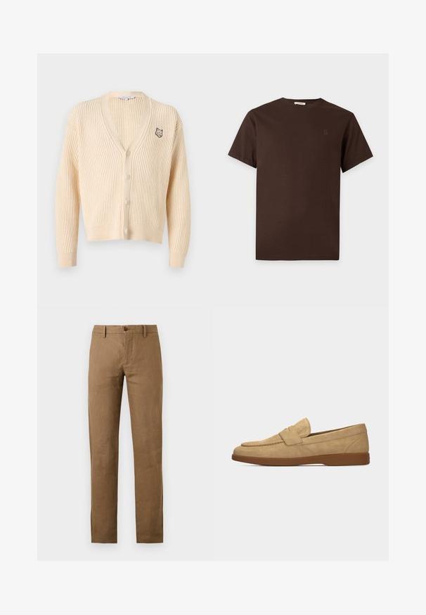Cardigan en maille côtelée beige avec manches longues, col en V, fermeture à boutons et petite broderie de tête de renard sur le côté gauche de la poitrine.; T-shirt en coton marron à manches courtes avec col rond et logo brodé discret sur la poitrine gauche, présenté sur un fond blanc uni.; Pantalon marron à jambes droites avec passants de ceinture et fermeture boutonnée et zippée à l'avant sur fond uni.; Mocassin pour homme en daim beige avec une semelle en caoutchouc marron et un détail de sangle sur le dessus, vu de profil sur un fond uni.