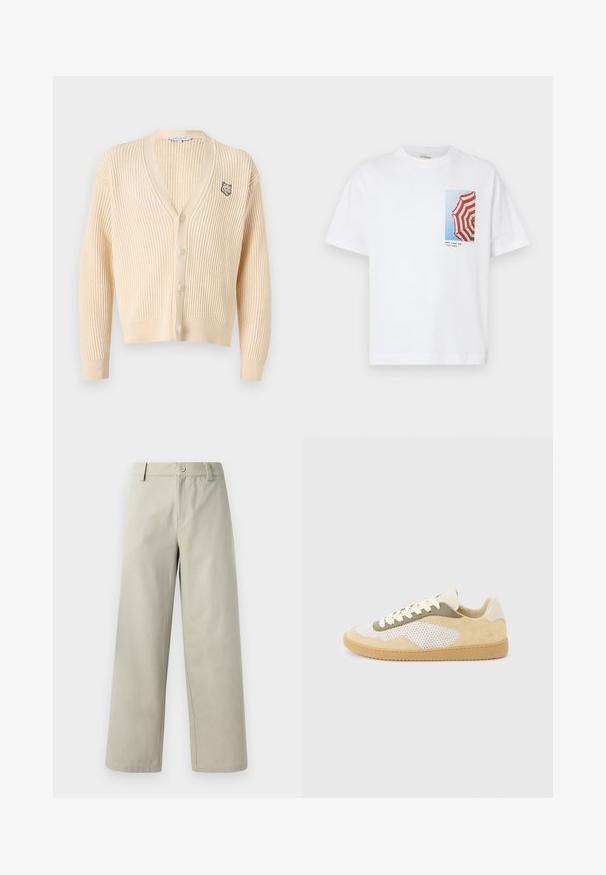 Beige ribstrikket cardigan med lange ærmer, V-hals, knaplukning og lille rævehovedbroderi på venstre bryst.; Hvid T-shirt med et foto af en rød- og hvidstribet paraply mod en blå himmel, med teksten "GOOD TIMES AND TAN LINES" nedenunder.; Han Kjøbenhavn WIDE LEG - Bukser - light grey; Lav-top sneaker med beige ruskind, hvide meshpaneler, olivengrønne detaljer, hvide snørebånd og gummisål i karamelfarve på en lysegrå baggrund.
