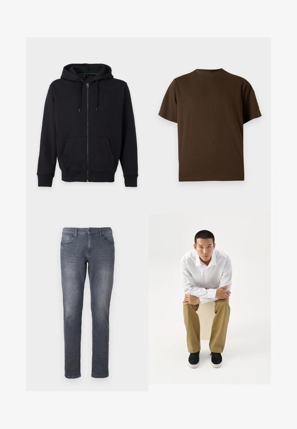 Zwarte zip-up hoodie met voorzakken, lange mouwen, capuchon met trekkoord en geribde boorden en zoom op een effen lichte achtergrond.; Bruine T-shirt met korte mouwen en ronde hals, effen ontwerp, getoond op een witte achtergrond.; Grijze denim jeans met een slim fit, voorzien van een ritssluiting, riemlussen, voorzakken en een vervaagde wasafwerking. Standaard recht model.; Jonge man in wit gestreept overhemd en kaki broek, voorover zittend op een kruk met gekruiste armen, kijkt recht vooruit op een witte achtergrond.