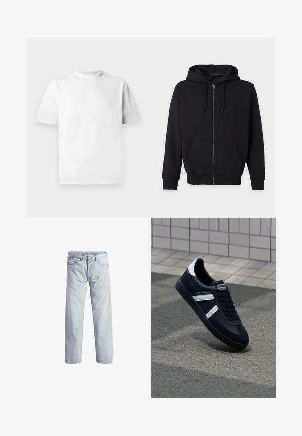 Sweat à capuche noir zippé avec poches devant, manches longues, capuche avec cordon et poignets et ourlet côtelés sur un fond clair uni.; T-shirt blanc à manches courtes avec un col rond, présentant une texture subtile et un petit logo sur l'épaule gauche.; Jean en denim bleu clair avec un design à jambe droite, fermeture à boutons, cinq poches et une texture de décoloration subtile. Il présente des accents en métal.; Sneaker en cuir noir avec des rayures blanches, semelle en caoutchouc texturée et devant à lacets. Présente une étiquette de marque sur la languette.