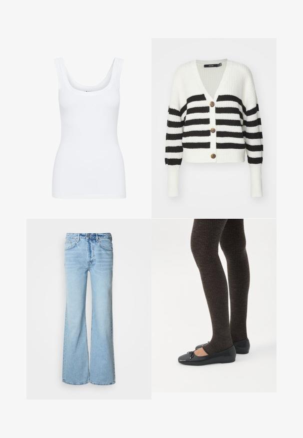 Stribet cardigan i sort og hvid med v-udskæring, tre brune knapper og ribbet struktur. Har lange ærmer og en cropped pasform.; Hvid tanktop med rund udskæring, brede skulderstropper og tætsiddende design, lavet af et glat, strækbart stof.; Lyseblå jeans med flared ben, lavet af denim, med knapper foran, fem lommer og diskret falmet effekt.; Ben iført mørke ribbede leggings kombineret med sorte balletsko med små sløjfedetaljer på hvid baggrund.