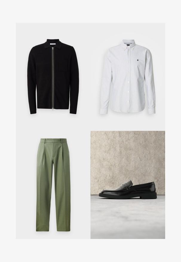 Sort zip-up sweater med krave og brystlomme. Fremstillet af blødt, teksturet stof. Har en fuld længde lynlås og lange ærmer.; Skjorte med knapper, tynde blå og hvide striber, lange ærmer og en lille logo på brystet, lavet af et letvægtsstof.; Skræddersyede bukser i olivengrøn stof med en glat tekstur, der har to frontfald, bæltestropper og et lige ben-design.; Sort poleret læderloafer flydende over beige tæppe med orange gennemsigtigt møbel i baggrunden.