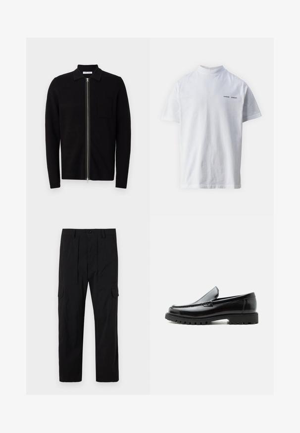Sort zip-up sweater med krave og brystlomme. Fremstillet af blødt, teksturet stof. Har en fuld længde lynlås og lange ærmer.; Hvid bomulds t-shirt med høj halsudskæring og korte ærmer. Har "SAMSØE SAMSØE" logo i sort på forsiden. Glat tekstur.; Sorte cargo bukser lavet af letvægtsstof, med lige ben design, frontfald, sidelommer og knaplukning.; Sort læderloafer med chunky gummisål, syet overdel og præget mærkenavn på hælen, vist i sideprofil på hvid baggrund.
