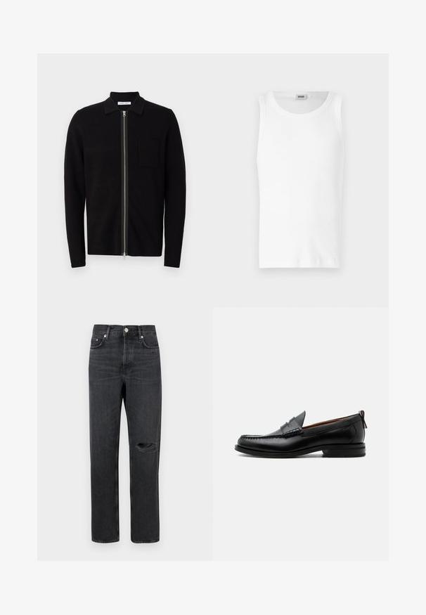 Sort zip-up sweater med krave og brystlomme. Fremstillet af blødt, teksturet stof. Har en fuld længde lynlås og lange ærmer.; Hvid bomulds tanktop uden ærmer med rund halsudskæring og en glat tekstur. Enkel design, ingen mønstre eller accenter.; Sorte denim jeans med lige ben, der har et revnet knæ, fem-lomme design og metalbeslag ved taljen og lommerne.; Sort læder herre loafer med moc-tå syning, penny strop, struktureret krave og lav stablet hæl på hvid baggrund.