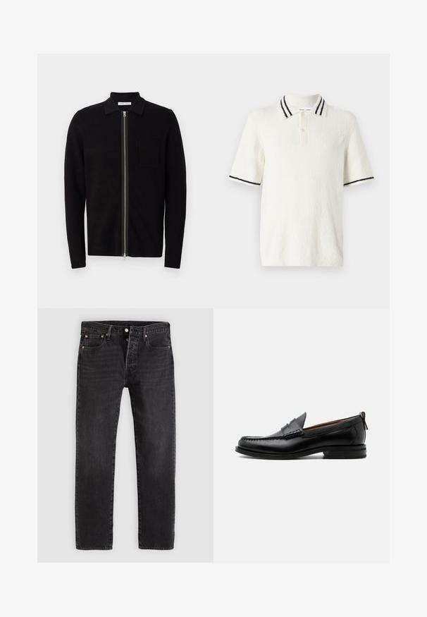 Sweat à zip noir avec col et poche poitrine. Fabriqué en tissu doux et texturé. Dispose d'un zip sur toute la longueur et de manches longues.; Polo à manches courtes en tissu texturé blanc cassé, avec un col en maille comportant deux rayures noires et une patte de boutonnage à trois boutons.; Jean en denim noir à coupe droite, avec deux poches avant, une poche à monnaie et des rivets en métal. Design classique à cinq poches.; Mocassin homme en cuir noir avec couture moc toe, bride penny, col texturé et petit talon empilé sur fond blanc.