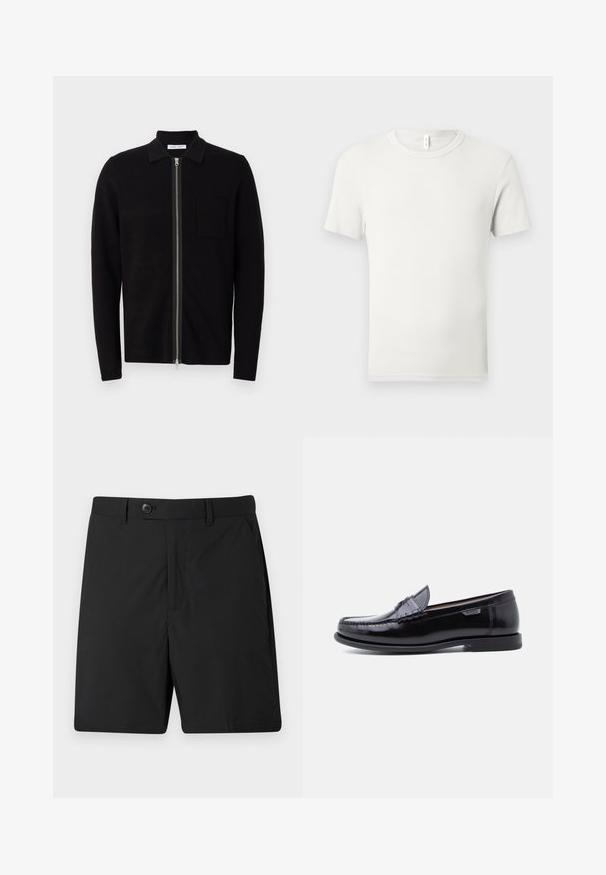 Sweat à zip noir avec col et poche poitrine. Fabriqué en tissu doux et texturé. Dispose d'un zip sur toute la longueur et de manches longues.; T-shirt blanc uni à manches courtes et col rond, étalé à plat sur un fond gris clair, avec une petite étiquette en tissu au niveau du col.; Shorts noirs en tissu léger, dotés d'une fermeture à bouton, de deux poches latérales et d'une coupe droite. Texture lisse et design simple.; Mocassins en cuir noir avec une finition brillante, présentant un motif cousu sur l'avant-pied et une semelle en caoutchouc noire texturée et basse.